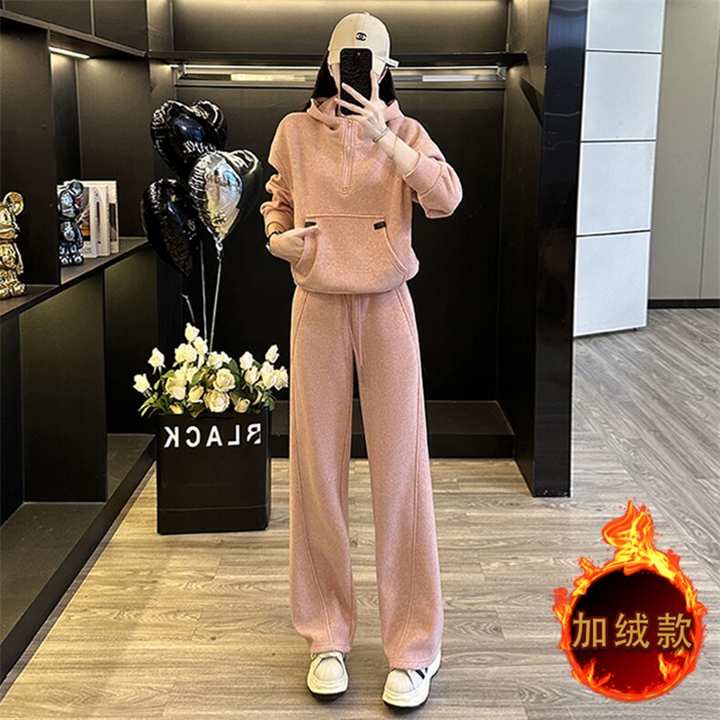 时尚保暖粉色加绒卫衣阔腿裤两件套，女装套装/套裙，江南