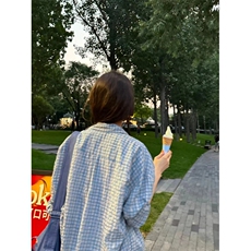 TC767-P45蓝色格子衬衫上衣女2025新款夏季薄款慵懒风休闲宽松，男装衬衫，星座617A-2