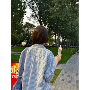 TC767-P45 蓝色格子衬衫上衣女2025新款夏季薄款慵懒风休闲宽松图片