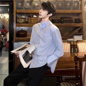 （）法式蓝色衬衫长袖小众设计立体花朵系带衬衣5007-P70图片