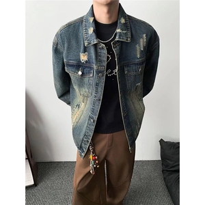 重工美式破洞牛仔外套男女2025春秋高街痞帅牛仔夹克翻领上衣图片