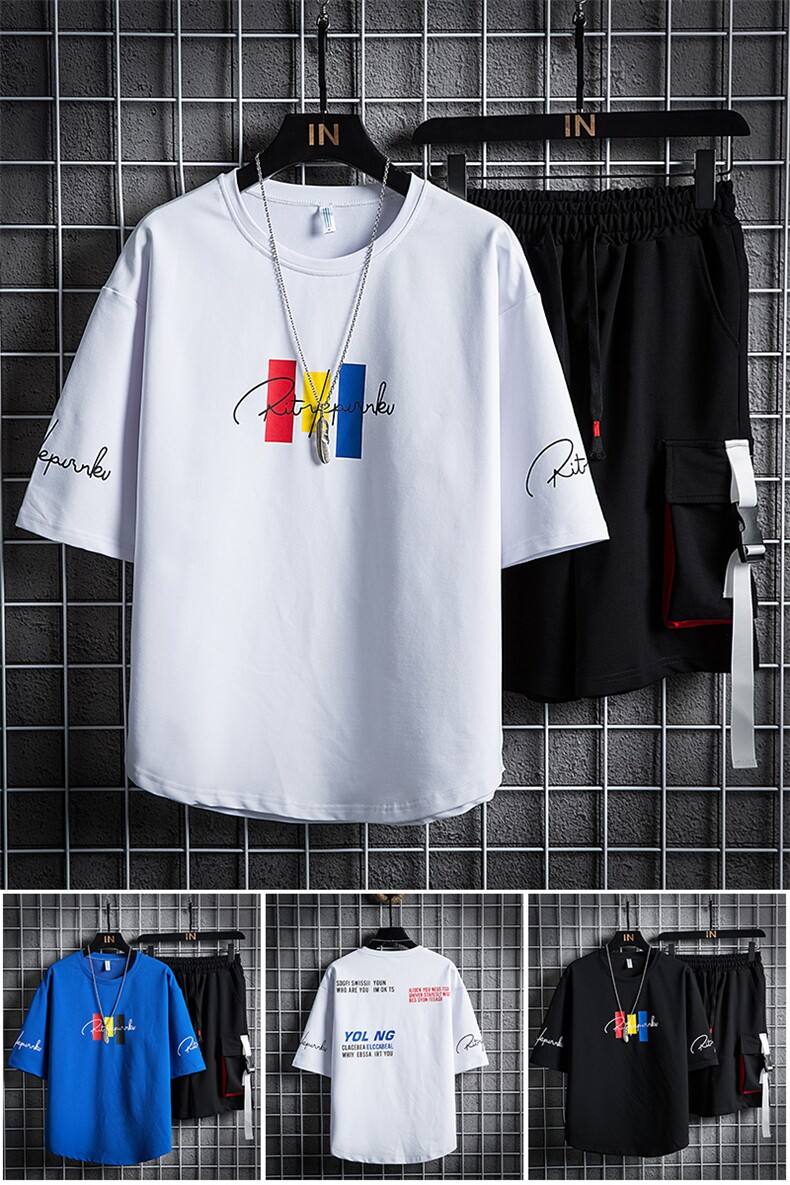 夏季潮男短袖T恤套装男宽松工装裤青少年两件套F179P70,男装休闲套装,电商A086