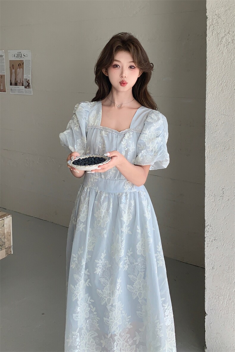 蓝色蕾丝刺绣印花娃娃衫套装女夏季新款显瘦牛仔拼接半身裙两件套，女装连衣裙，浙宝208A