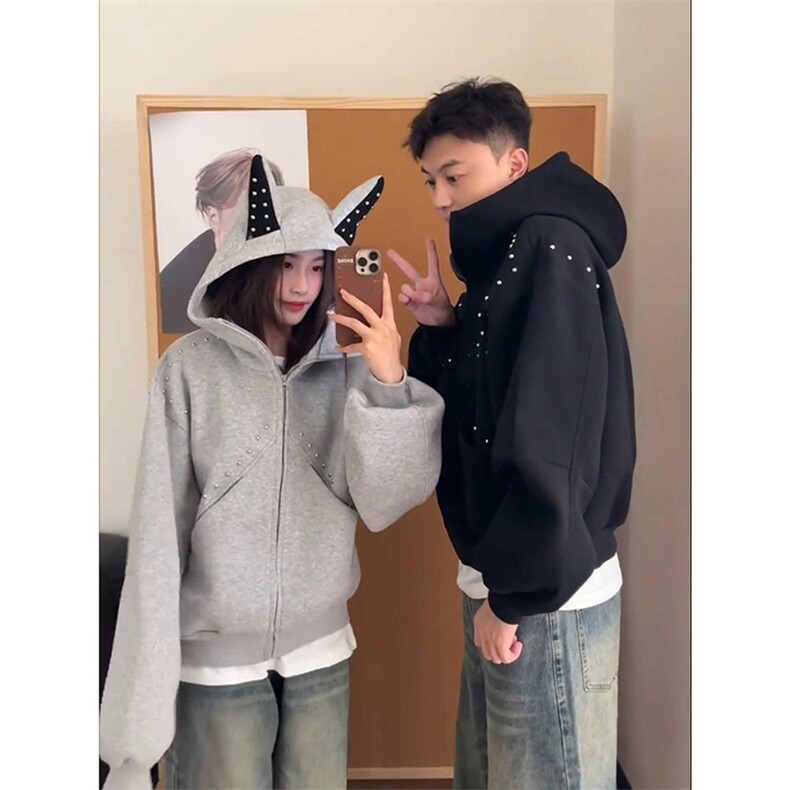抖音得物高品质26春装美式高街铆钉杜宾犬耳朵开衫卫衣外套W125,女装短外套,电商A486-1