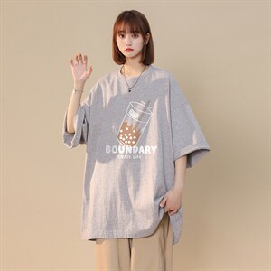 港风 2026夏季新品奶茶印花圆领休闲七分袖短袖--T1094 P25--控38图片