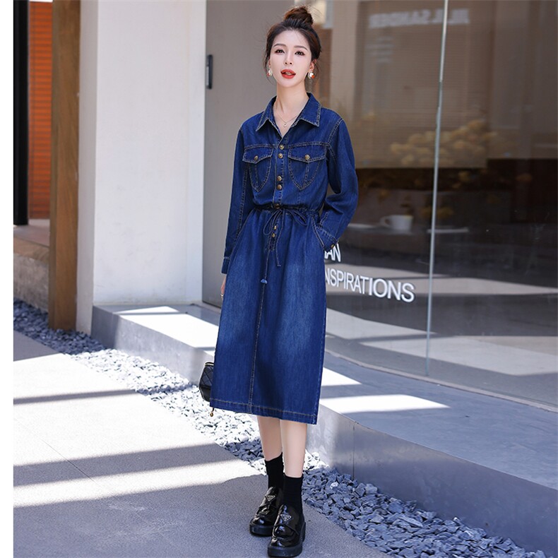 牛仔连衣裙女长袖2025春秋新款韩版时尚显瘦翻领中长款牛仔裙子,女装连衣裙,慧尚依恋