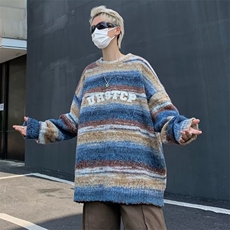 美式渐变纱刺绣字母条纹毛衣男圆领宽松慵懒风秋冬针织衫男，男装针织衫/毛衣，星座716-3