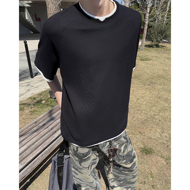 韩系慵懒高级感假两件极简拼接撞色短袖上衣T恤夏季短袖上衣 P40图片
