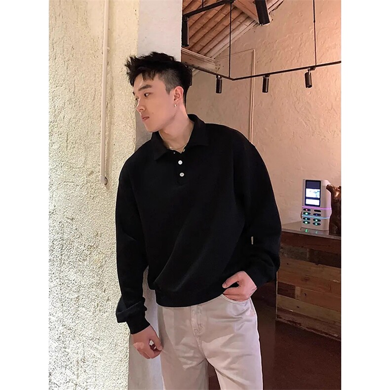 抖音得物高品质二开230克精梳珠地光版纯色宽松长袖T恤翻领POLO衫,男装T恤,电商A443
