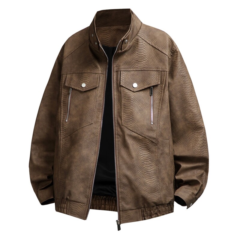 美式街头立领男秋重磅潮牌痞帅皮夹克复古皮衣外套P5055P95，男装皮衣，电商A157