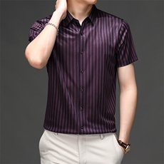 M202172021夏季新款短袖衬衫男翻领条纹桑蚕丝T恤衫透气，男装衬衫，电商B360