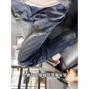 现货 美式高街水洗破洞牛仔裤痞帅炸街裤子男直筒长裤WL4244-P48图片