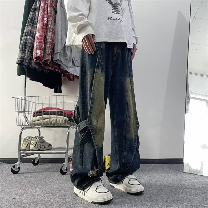 重工做旧水洗黄泥牛仔裤拼接设计感高街直筒阔腿裤子潮男4100P53,男装牛仔裤,星座410-2