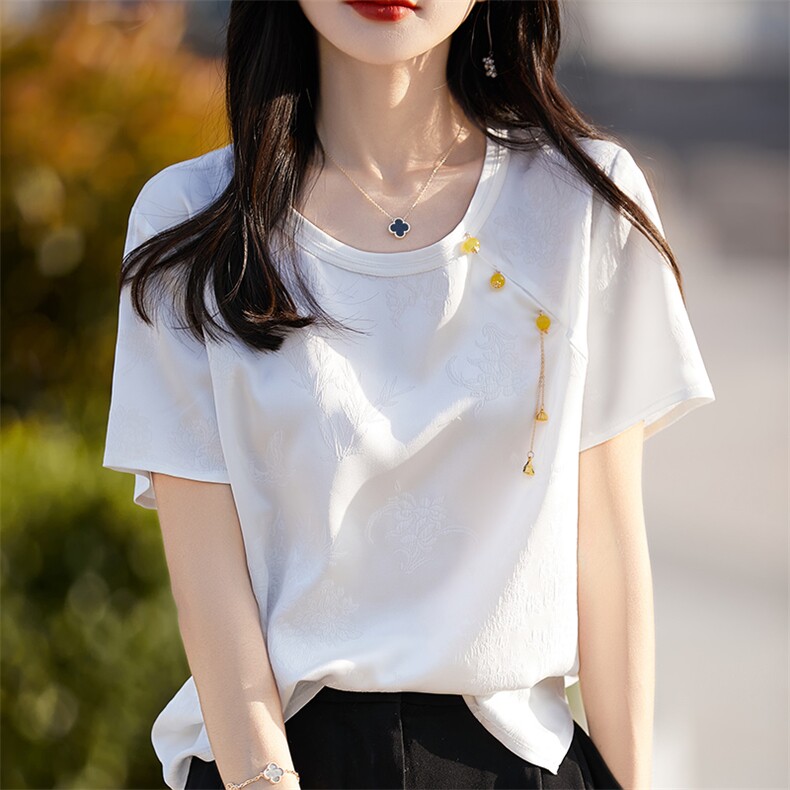 新中式国风短袖T恤女2025夏季圆领缎面提花衬衫上衣气质显瘦t恤衫,女装T恤,佳绒高端店