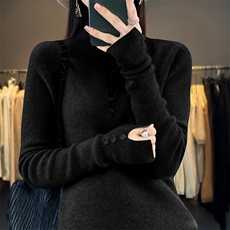 秋冬新款半高领100%纯羊毛衫女修身纽扣气质毛衣百搭羊绒衫打底衫，女装羊毛衫，琳华羊绒