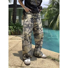 Q34/P55美式高街复古黄绿迷彩裤男宽松直筒百搭工装休闲裤子，男装休闲裤，星座1506