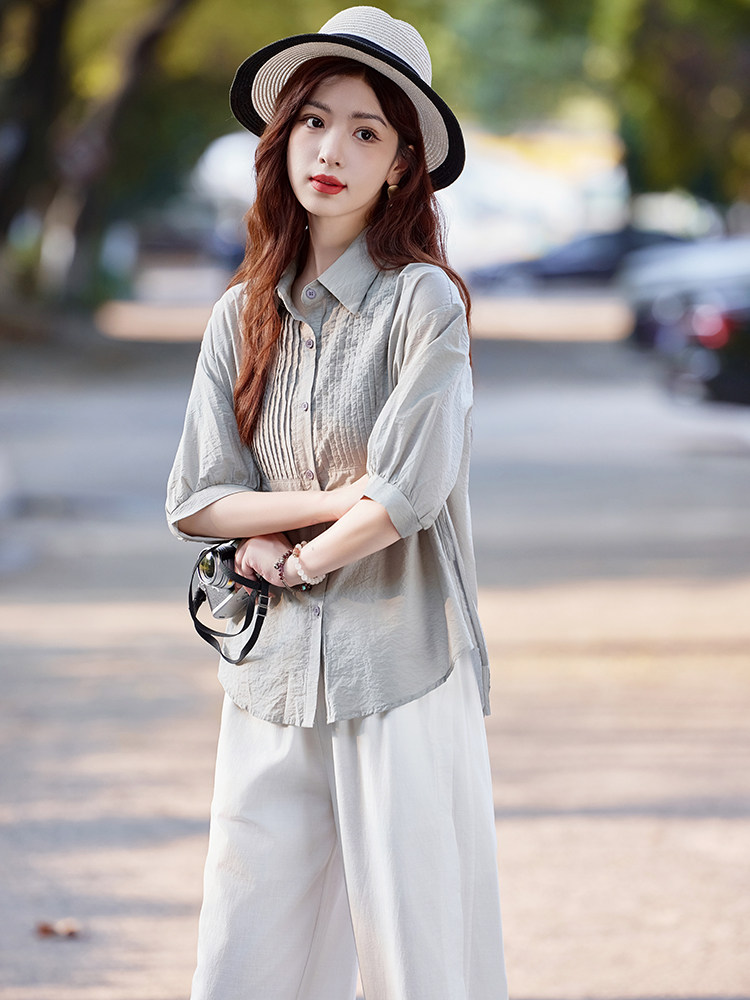 棉麻衬衫阔腿裤套装女夏季2026新款洋气减龄时尚搭配一整套两件套,女装套装/套裙,水衣源