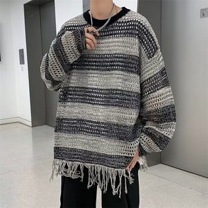 男拼色镂空薄款条纹圆领长袖针织衫春秋款宽松百搭毛衣1313-P38图片