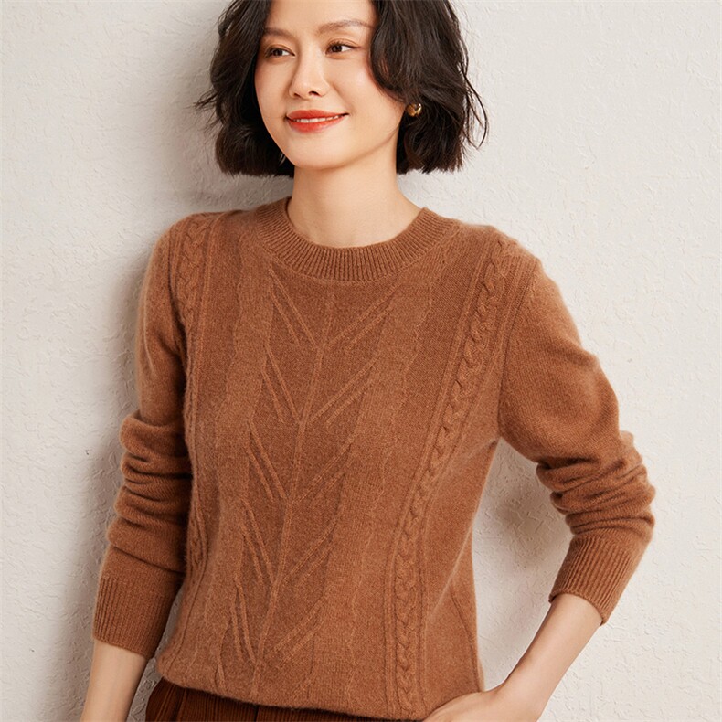 秋冬季35%羊绒65%羊毛休闲百搭7针麻花圆领羊绒衫,女装羊绒衫,广悦羊绒