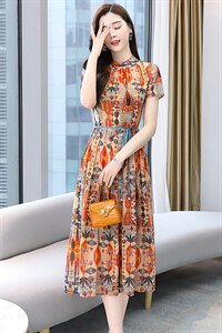 高端印花连衣裙女2024夏季新款气质收腰遮肚子显瘦洋气中长款裙子图片