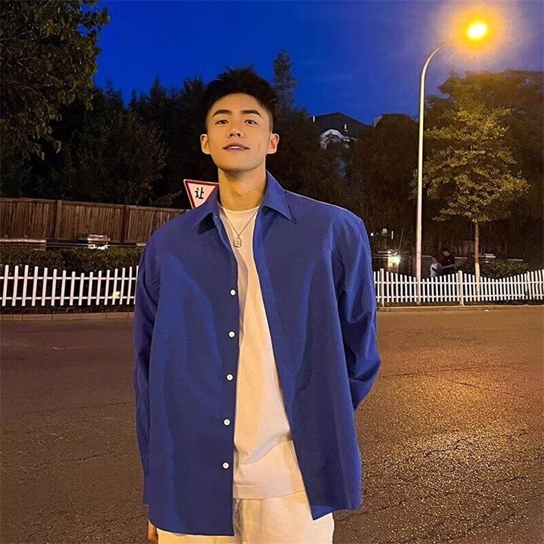 现货青少年纯色蓝色衬衫男长袖上衣夏季薄款痞帅潮短袖新款潮流春,男装T恤,星座218-1（原230）