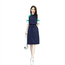 2021夏季新款简约时尚气质圆领撞色休闲舒适系带收腰连衣裙，女装连衣裙，天丝秀