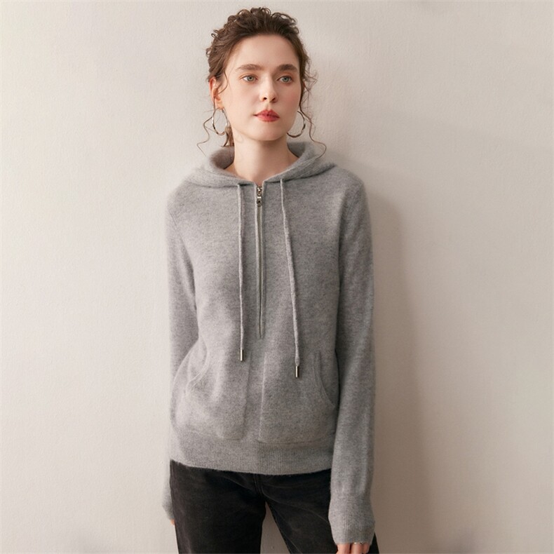 休闲连帽羊绒衫女针织毛衣纯色半开拉链设计毛衣羊毛卫衣秋冬新款,针织衫/毛衣,朵沐纯羊绒