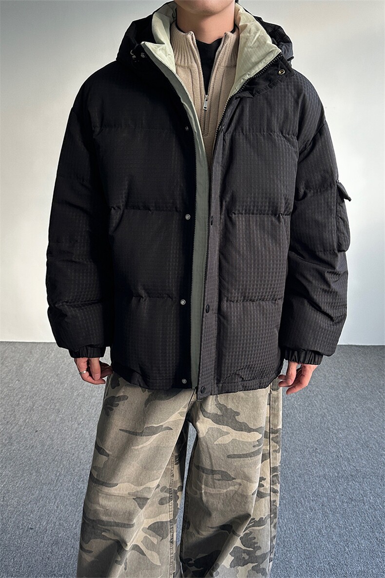 羽绒服格纹肌理工装90绒情侣撞色连帽外套男D5560-TP190278,男装羽绒服,电商A102