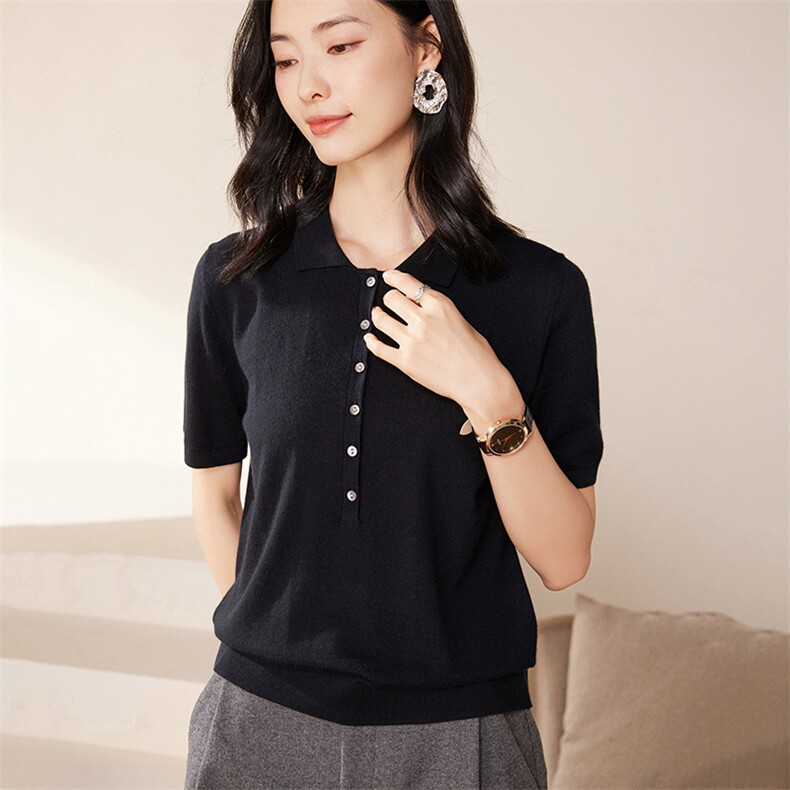 夏季新款Polo领精纺针织短袖女宽松纯色多扣T恤上衣,女装羊绒衫,江帆羊绒