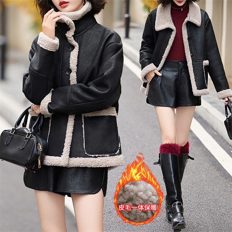皮毛一体仿羊羔毛外套女短款2024新款秋冬季加绒机车服加厚皮夹克,女装羊羔毛/颗粒绒,潮流依族