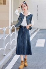 时尚牛仔套裙女秋季新款显瘦气质百搭长裙两件套，女装套装/套裙，凯瑟曼
