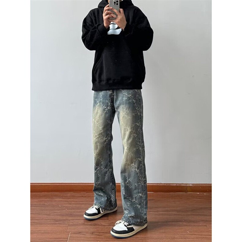 【有货】DT70-P50美式复古荆棘刺绣牛仔裤男提花裤水洗休闲裤图片