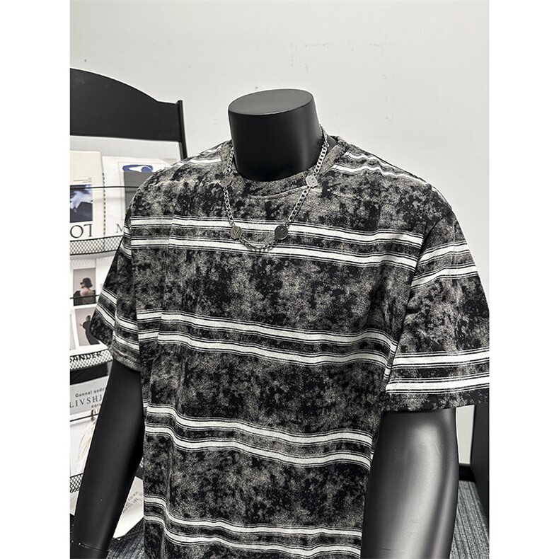 夏季高克重雪花炒色条纹休闲圆领T恤T388-P40，男装T恤，星座703