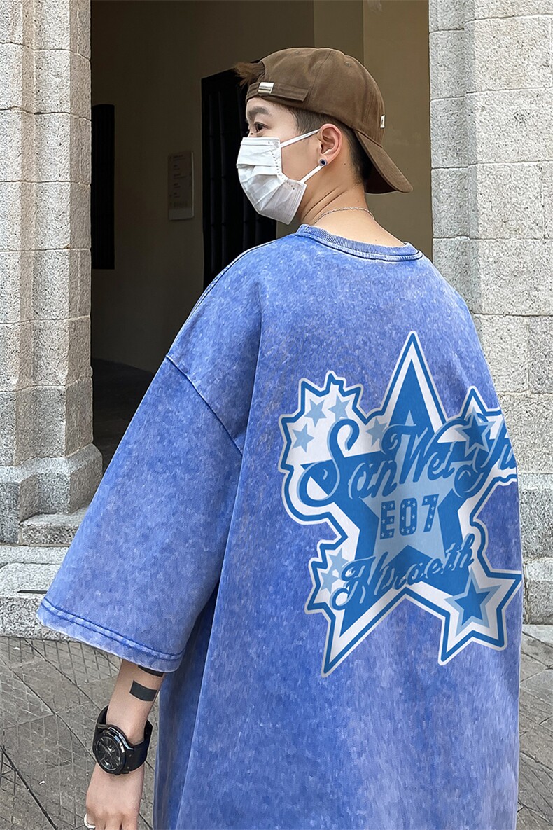 B239-1115-P38五角星字母印花复古水洗做旧落肩袖短袖T恤美式,男装T恤,星座514-2(原B239)