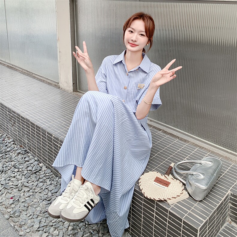 蓝色条纹衬衫连衣裙女夏2025新款高级感学院风森系流行小个子爆款,女装连衣裙,2D080