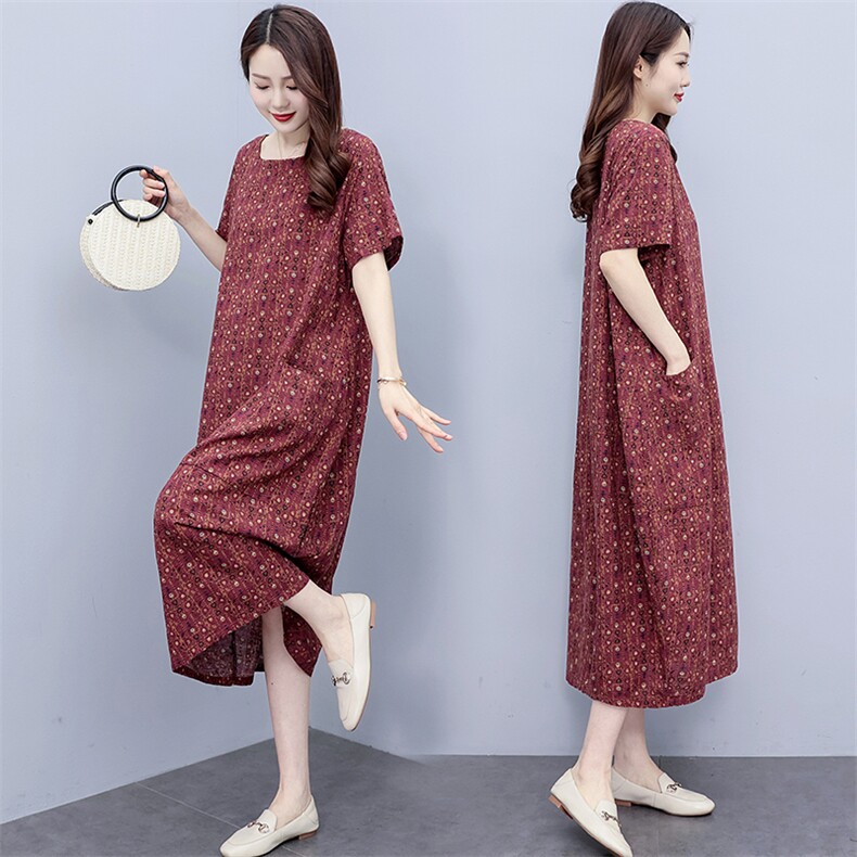 欧洲站复古百搭中长裙大码宽松休闲短袖印花过膝气质民族风连衣裙，女装连衣裙，香香