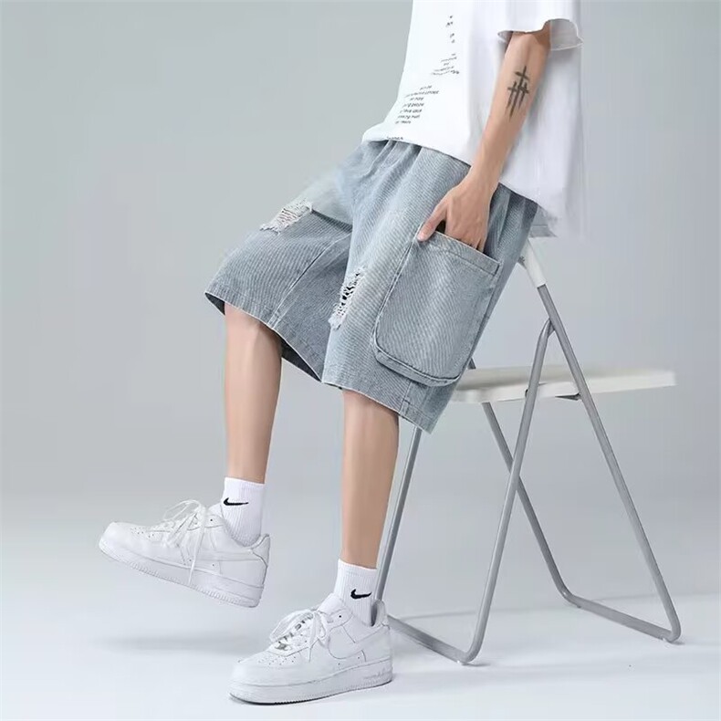 破洞牛仔短裤男潮牌宽松百搭工装裤夏季休闲港风五分裤DA30-P35,男装牛仔裤,星座208-5