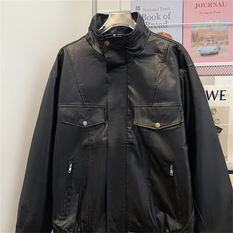 复古机车服pu皮衣外套男士休闲短款春秋季高级感飞行员翻领皮夹克,男装皮衣,星座601-1