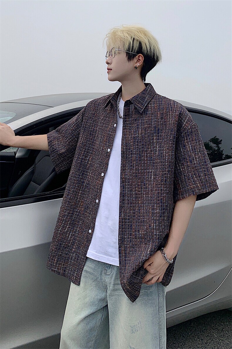 B221美式ins高街宽松薄款泡泡格短袖衬衫SY2548-特P35控59,男装衬衫,电商B221