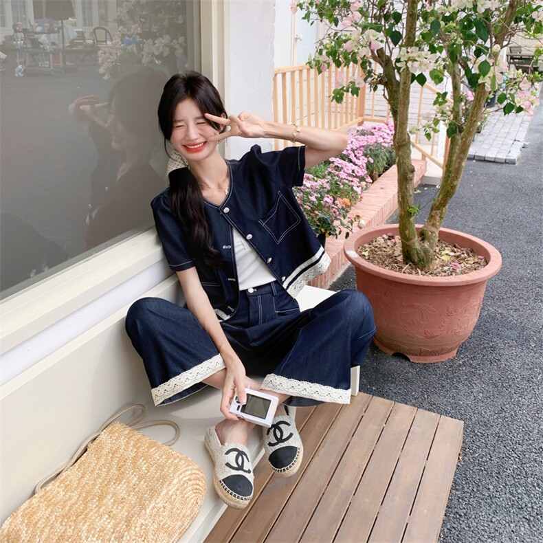 轻熟风韩系蕾丝拼接天丝牛仔阔腿裤套装女夏新款ootd穿搭两件套,女装套装/套裙,2C266