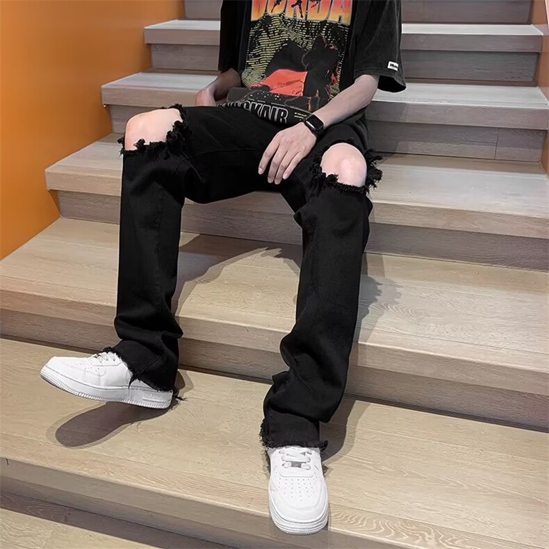高街黑色膝盖破洞牛仔裤vibe风嘻哈夏季薄款直筒喇叭裤子男CK003,男装牛仔裤,星座601-2