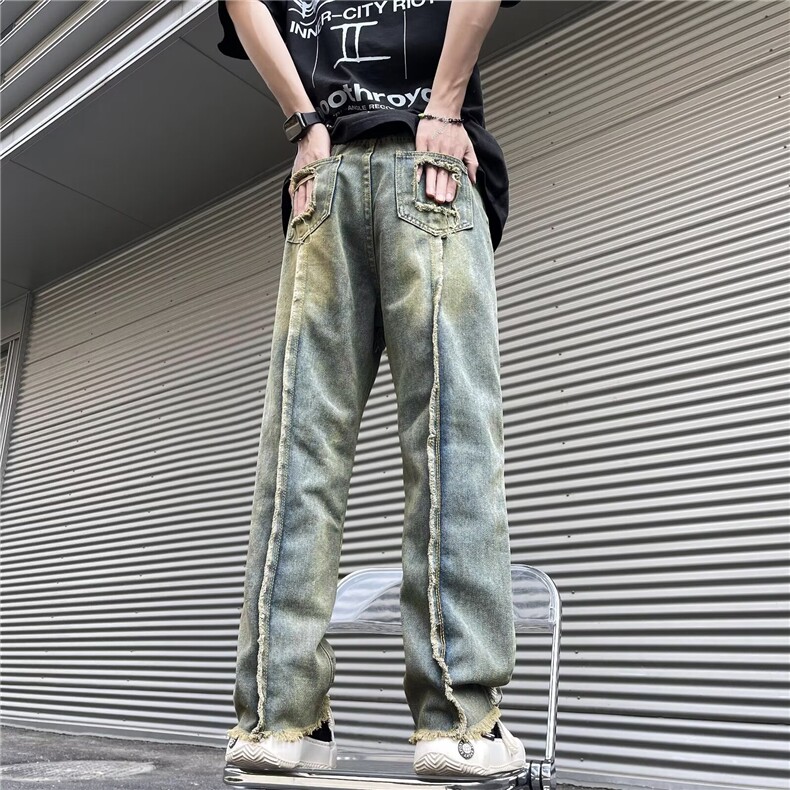 夏款男牛仔裤流苏拼接字母刺绣破洞口袋直筒宽松长裤NK161 P45图片