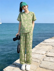 女夏季新款高端时尚花色短袖T恤套装宽松显瘦抽绳阔腿裤两件套潮，女装套装/套裙，江南