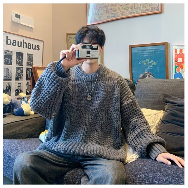 B303 P52秋季拼色圆领毛衣男美式复古潮牌宽松图片