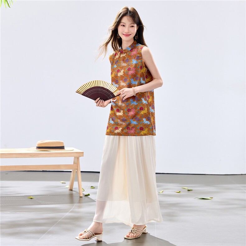 夏季新款现货！2026新中式奥黛款旗袍盘扣开叉+流光阔腿裤两件套,女装套装/套裙,宝儿家