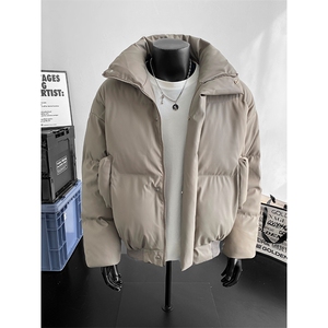 重磅PU皮立领棉服男秋冬季潮牌纯色痞帅宽松休闲加厚保暖棉衣外套图片