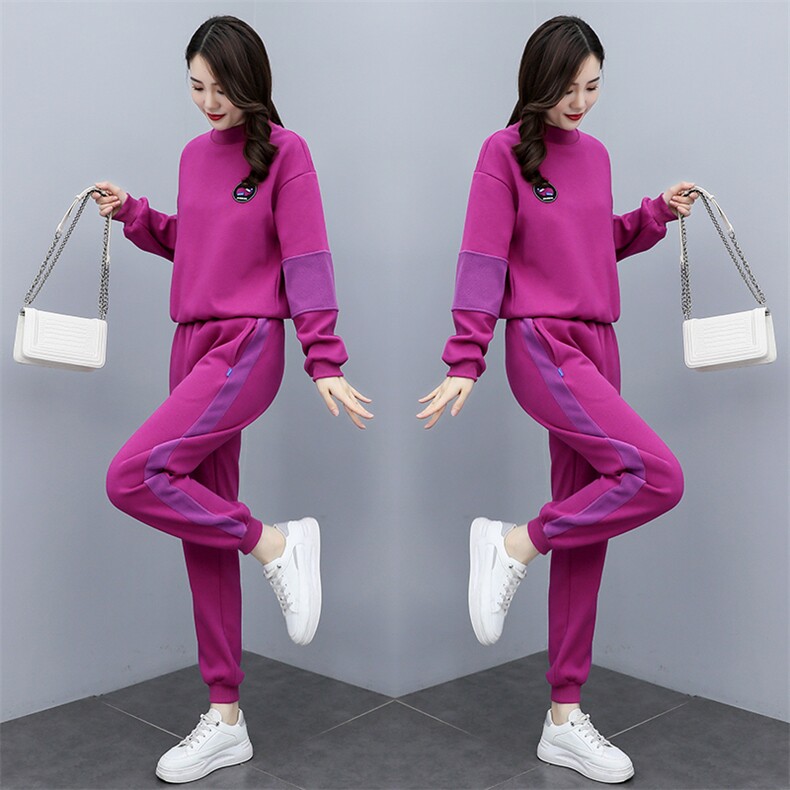 加绒加厚休闲服套装女春秋新款半高领卫衣减龄拼接运动显瘦两件套,女装套装/套裙,凯瑟曼