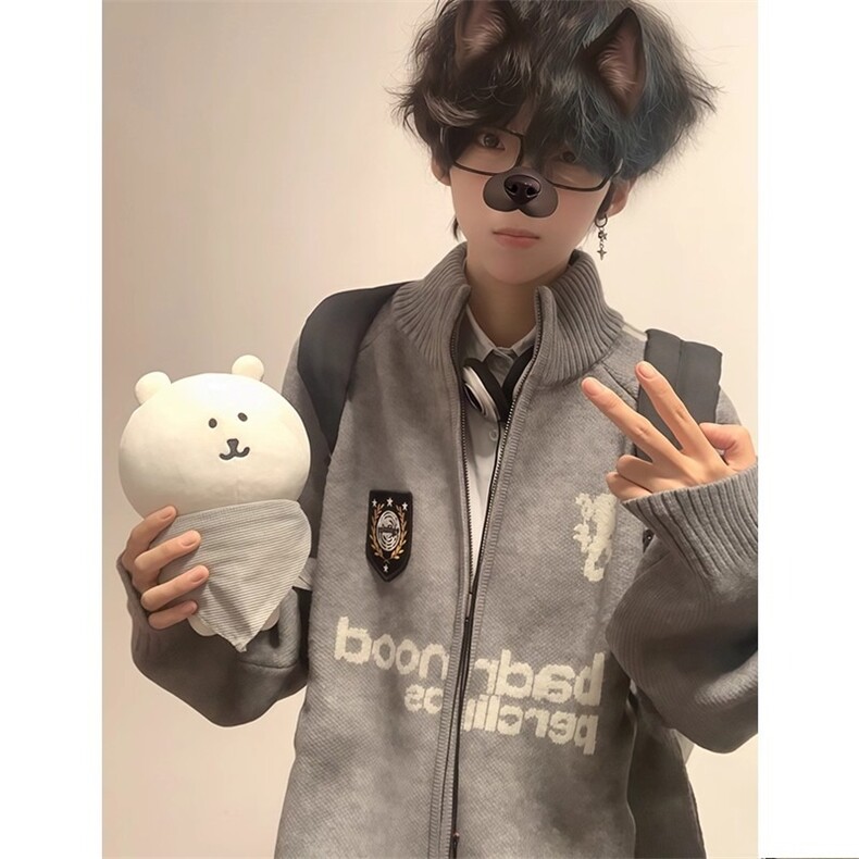 潮牌球服风高领开衫毛衣男秋冬季2025新款宽松复古针织拉链外套图片