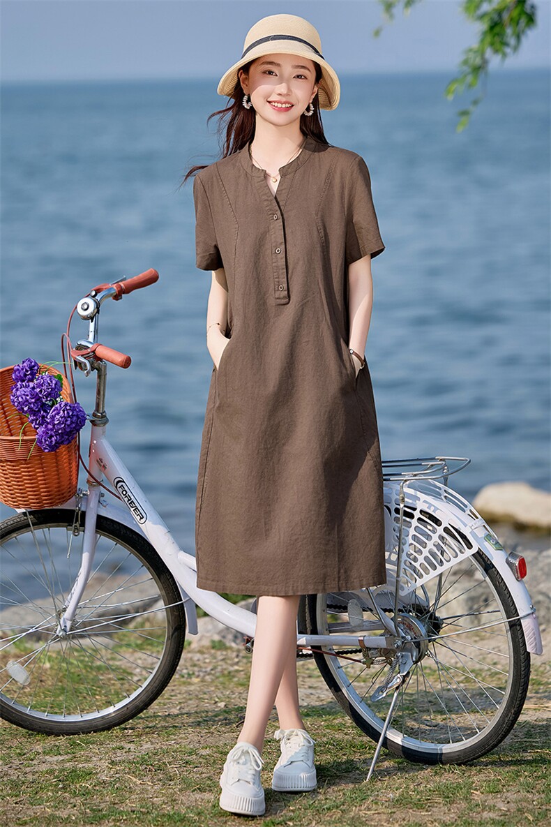 亚麻连衣裙2025夏季新款短袖中长款宽松显瘦大码胖MM妈妈棉麻裙子,女装连衣裙,文熹诺