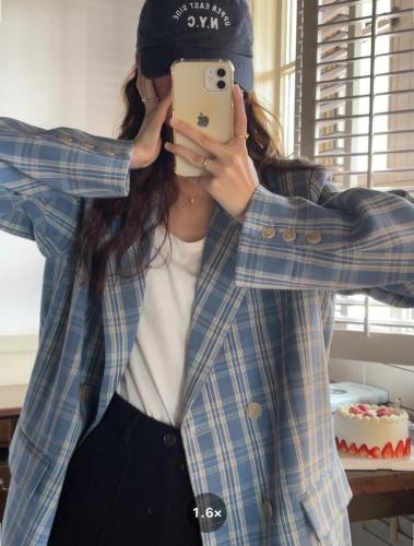 香丽迪格子西装外套女2021年韩版宽松洋气双排扣小西装,女装西装,香丽迪1